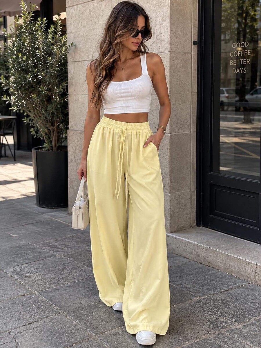Pantaloni palazzo Maia – Galben pastel