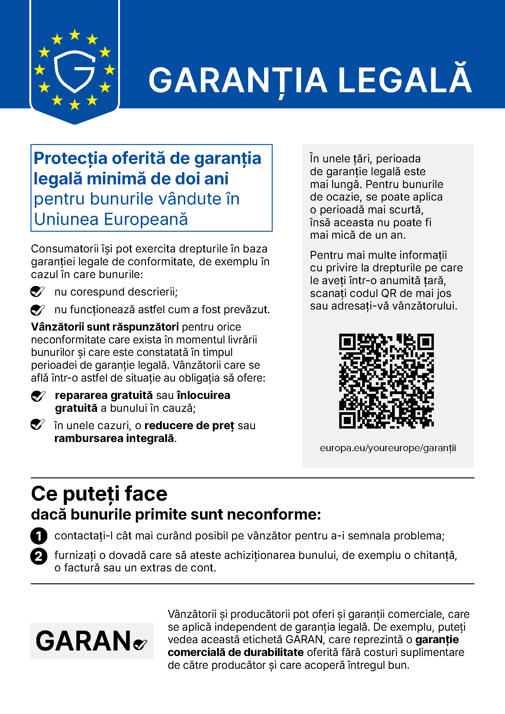 Notificare oficială privind garanția legală pentru bunurile vândute în Uniunea Europeană